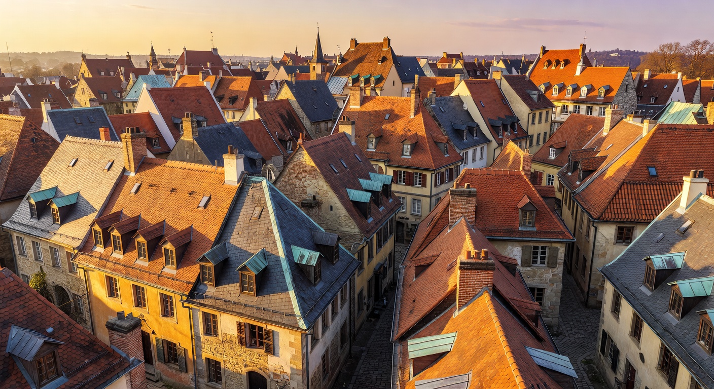 Aerial view of European old town rooftops at golden hour