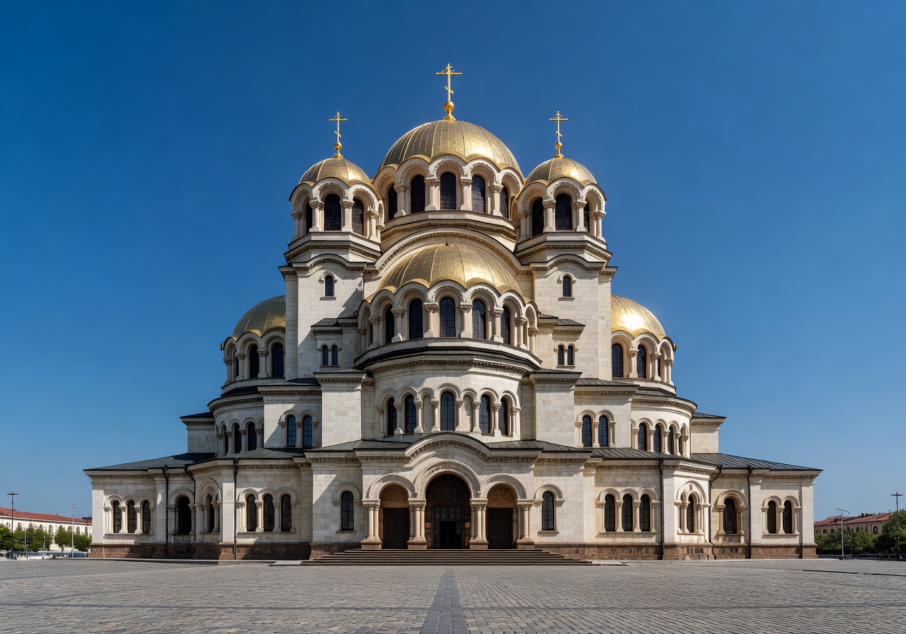Alexander Nevsky Cathedral in Sofia Bulgaria with golden domes against blue sky