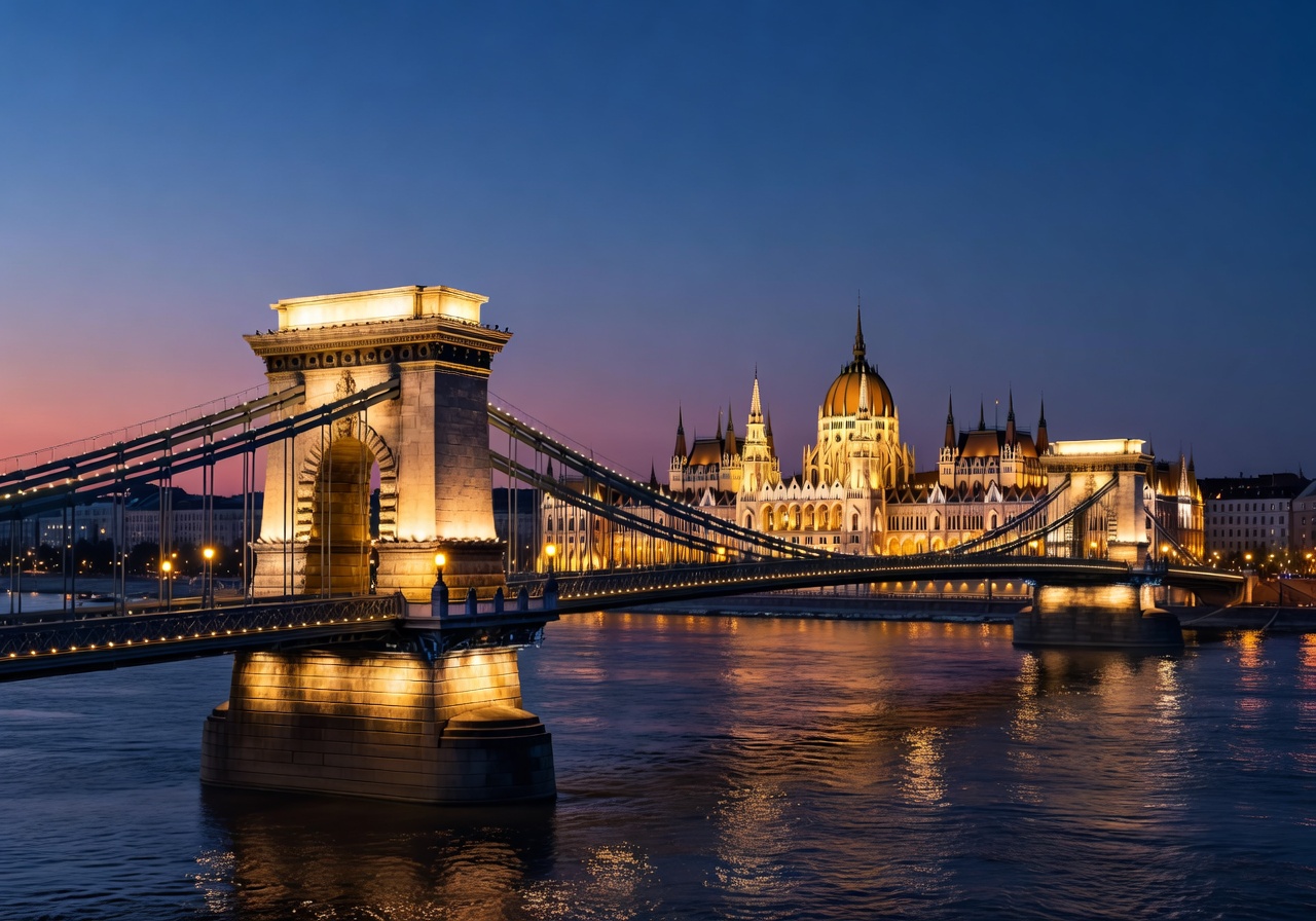 Budapest Chain Bridge and Parliament Building lit up at dusk