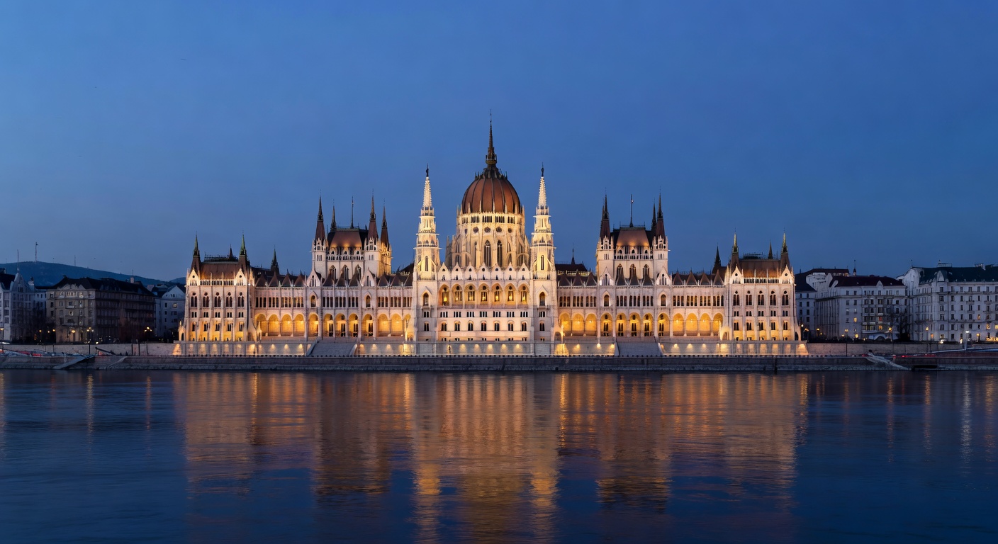 Budapest Parliament Building and Danube River panorama at blue hour