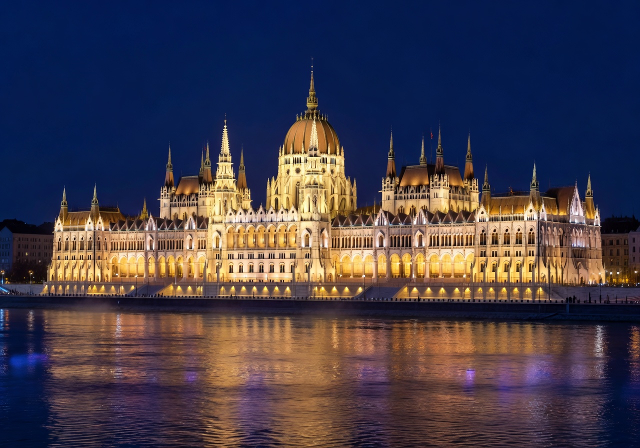 Budapest Parliament Building illuminated at night along the Danube River