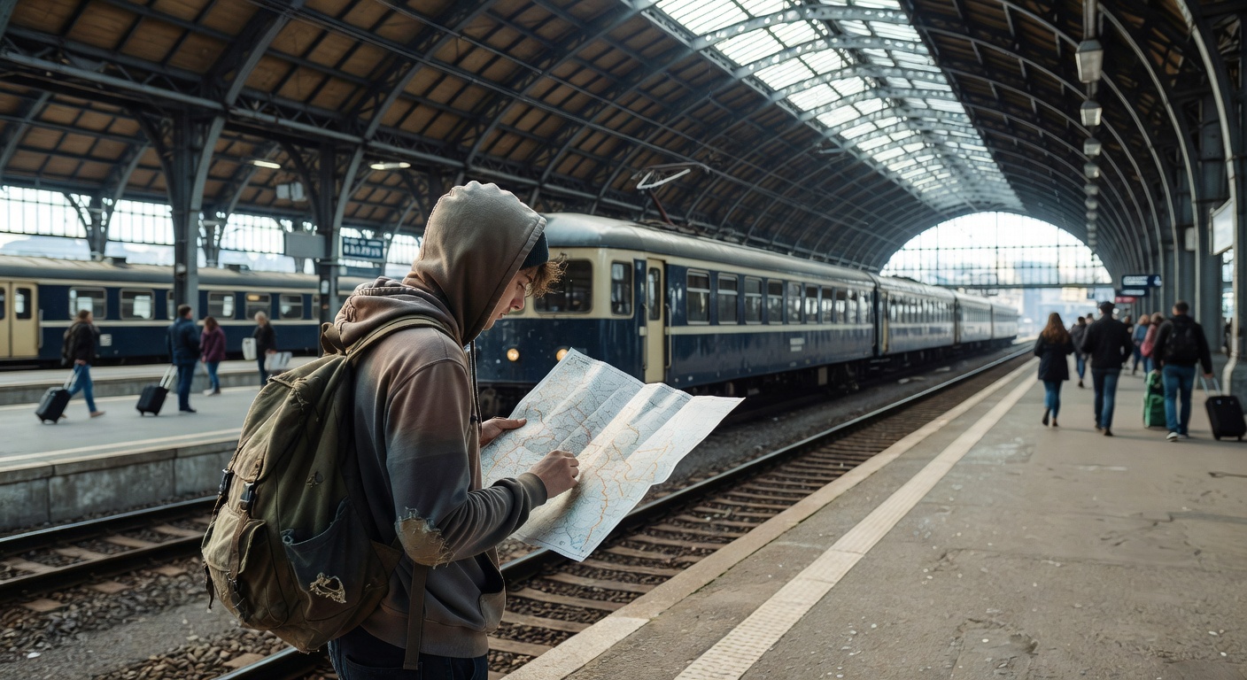 Budget traveler with map at a European train station platform