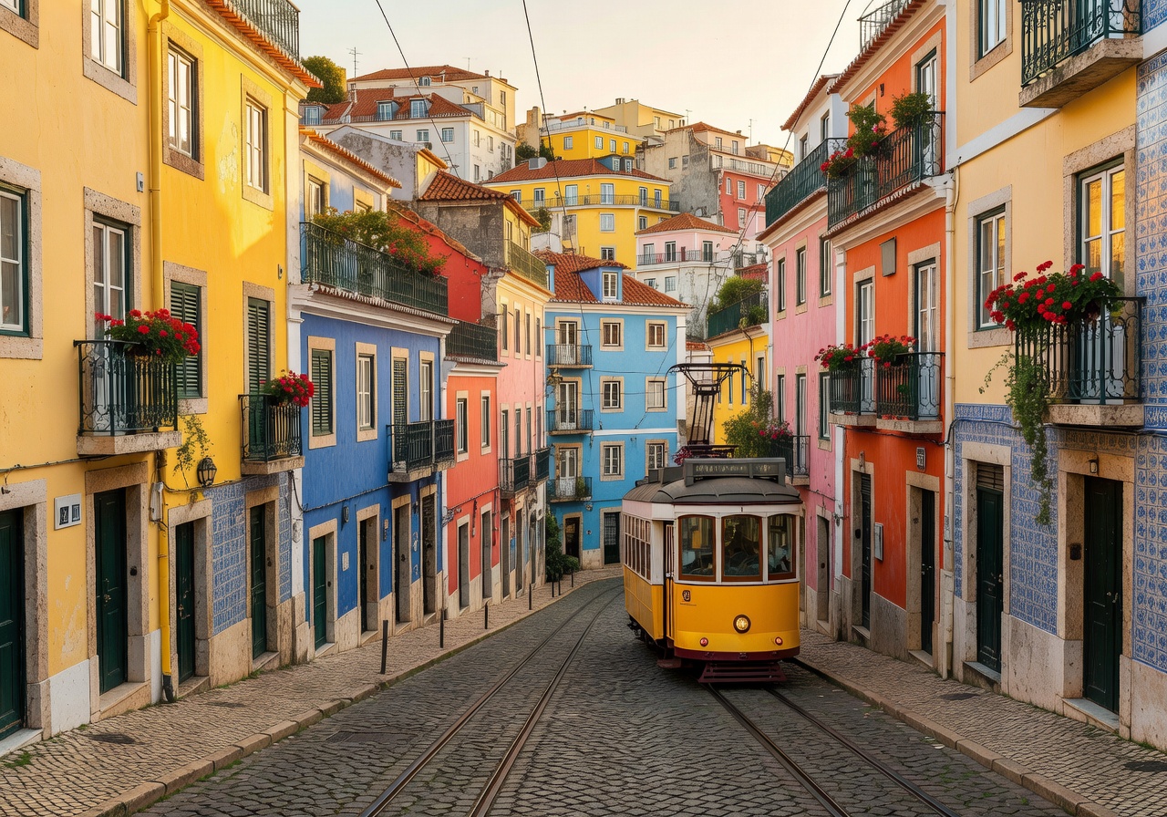 Colorful buildings in Lisbon's Alfama district with traditional tram