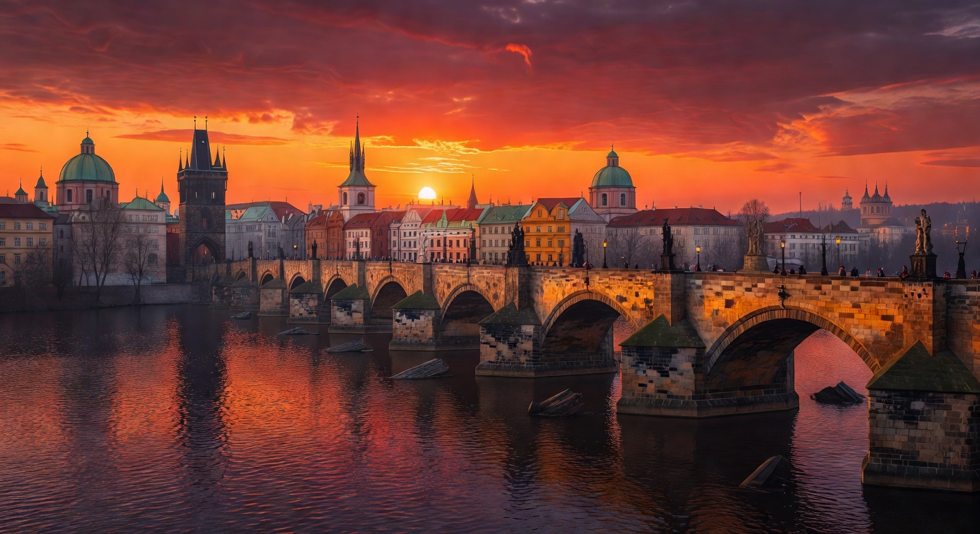 Panoramic view of Prague's Charles Bridge at sunset with historic architecture