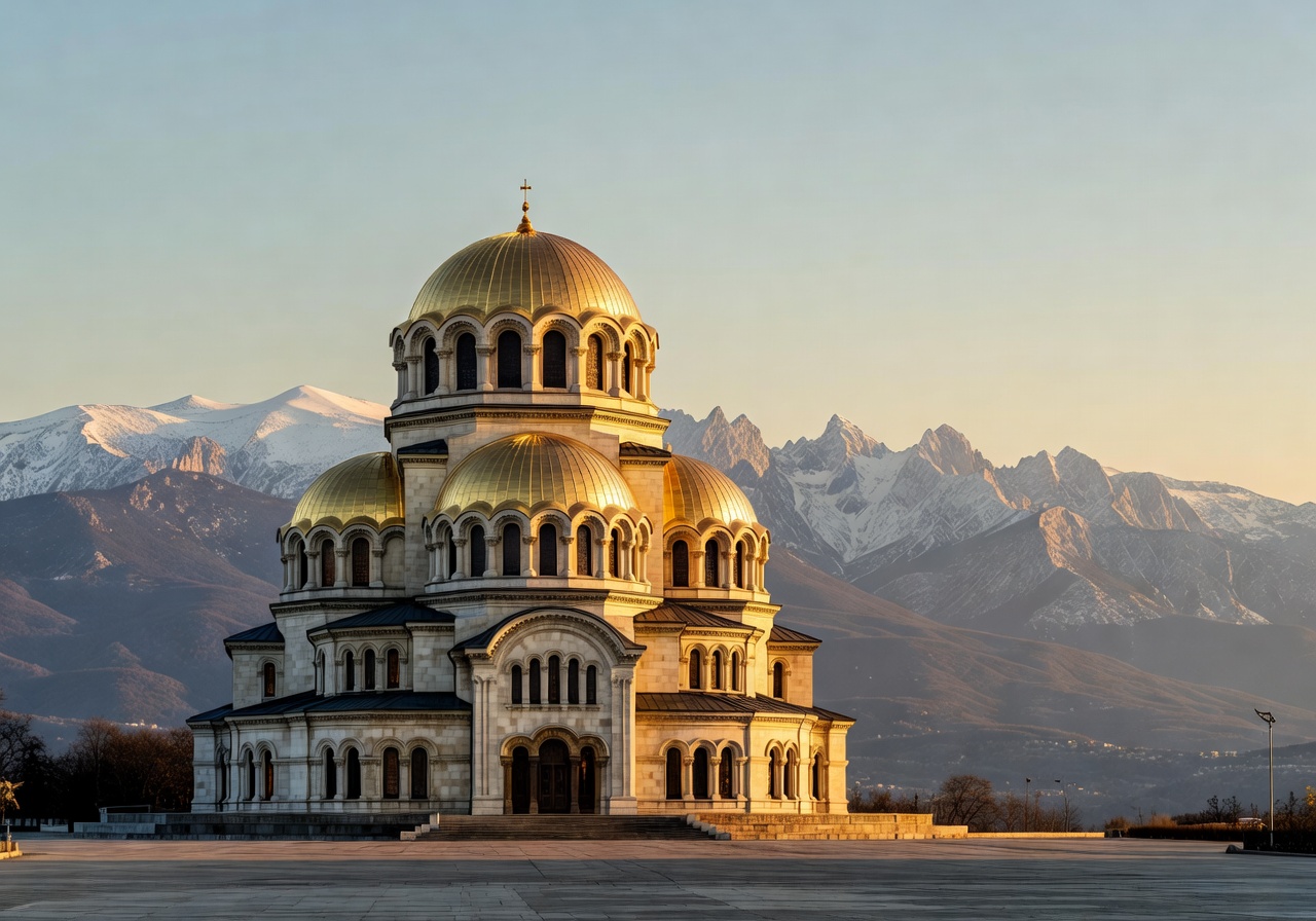 Golden domed Alexander Nevsky Cathedral in Sofia with mountain backdrop