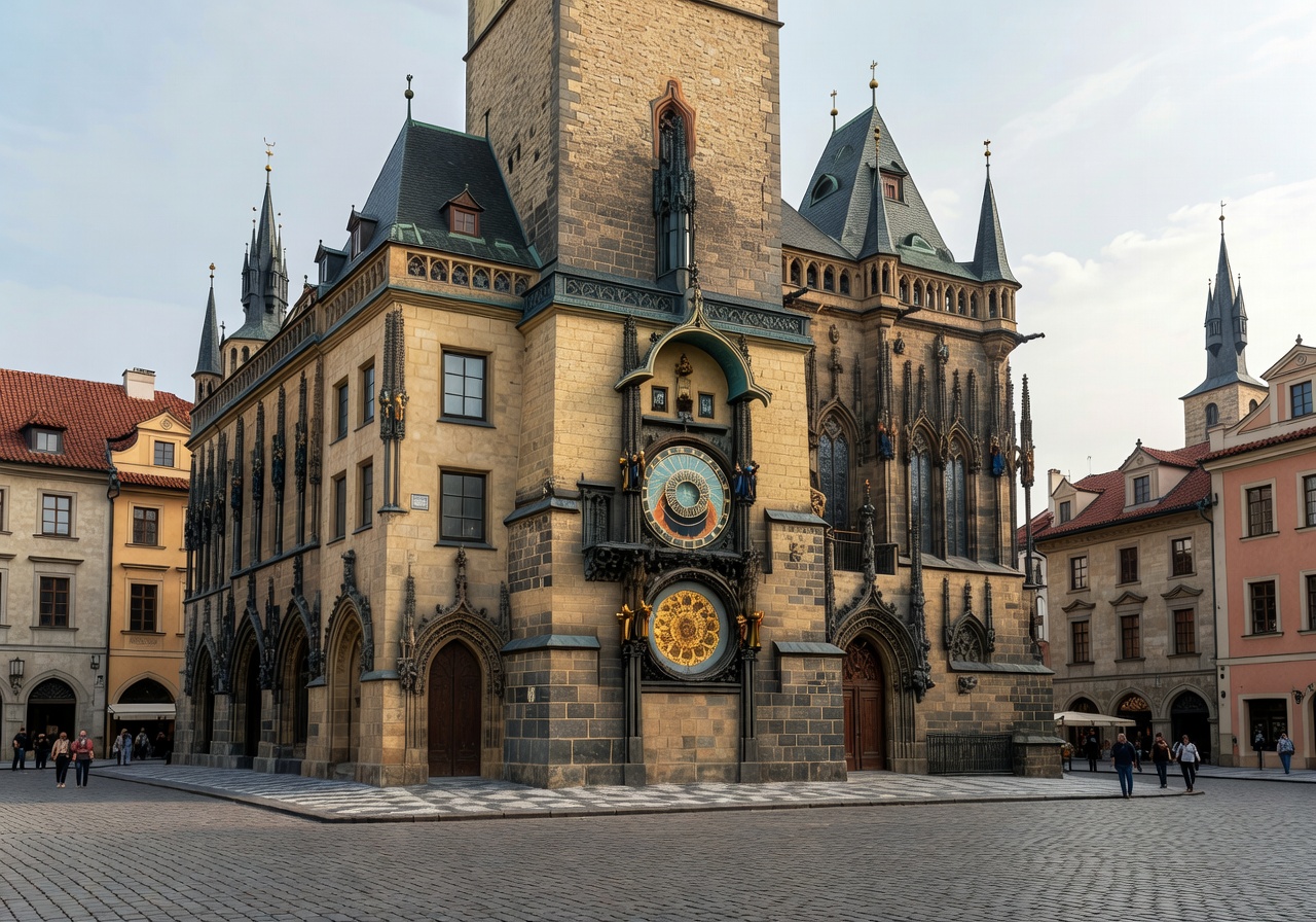 Historic Old Town Square in Prague with astronomical clock tower and Gothic architecture