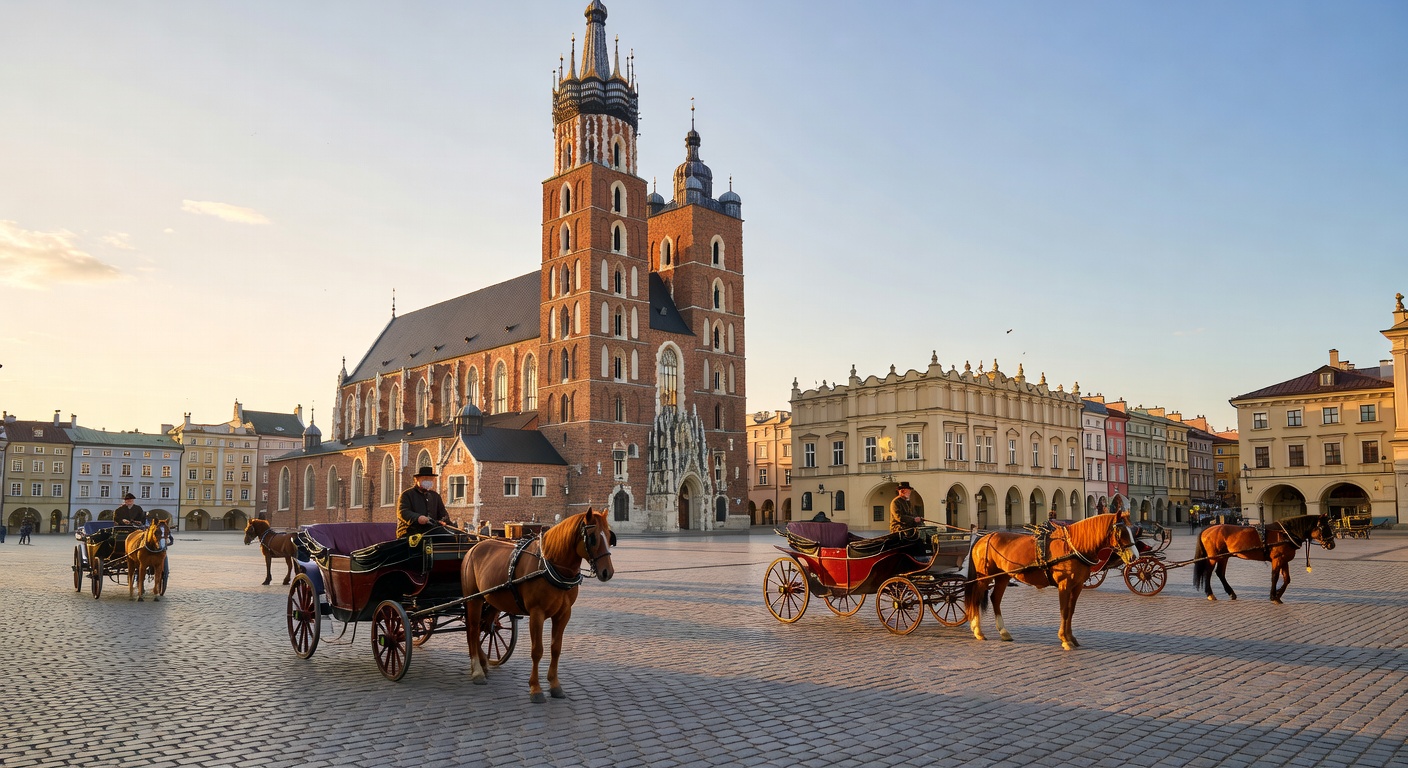 Kraków Main Market Square with horse carriages and St Mary's Basilica