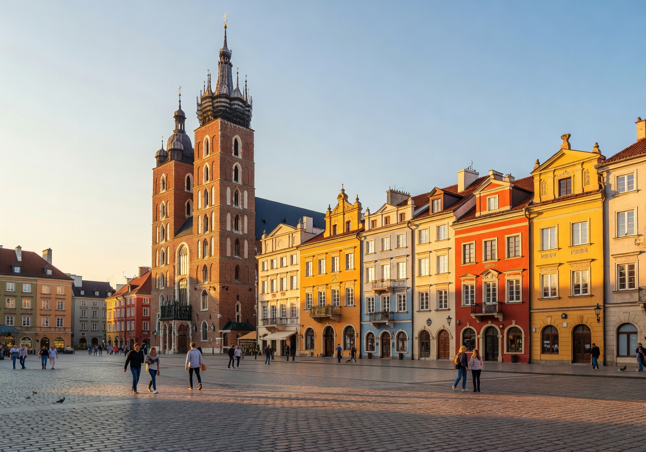 Kraków Main Market Square with St. Mary's Basilica and colorful townhouses