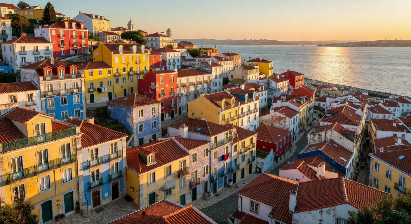 Lisbon cityscape with colorful buildings cascading down hillside toward river