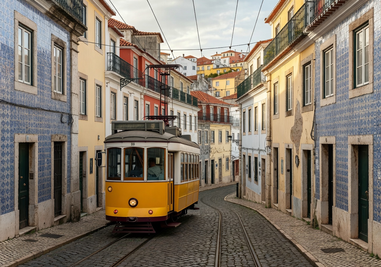 Lisbon yellow tram traveling through narrow streets of the Alfama district