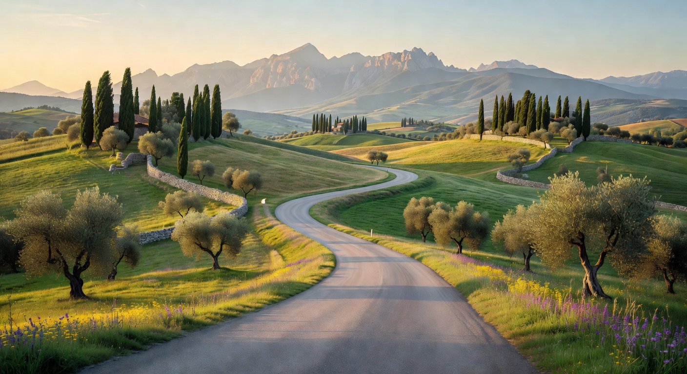 Open road through European countryside with mountains in the distance