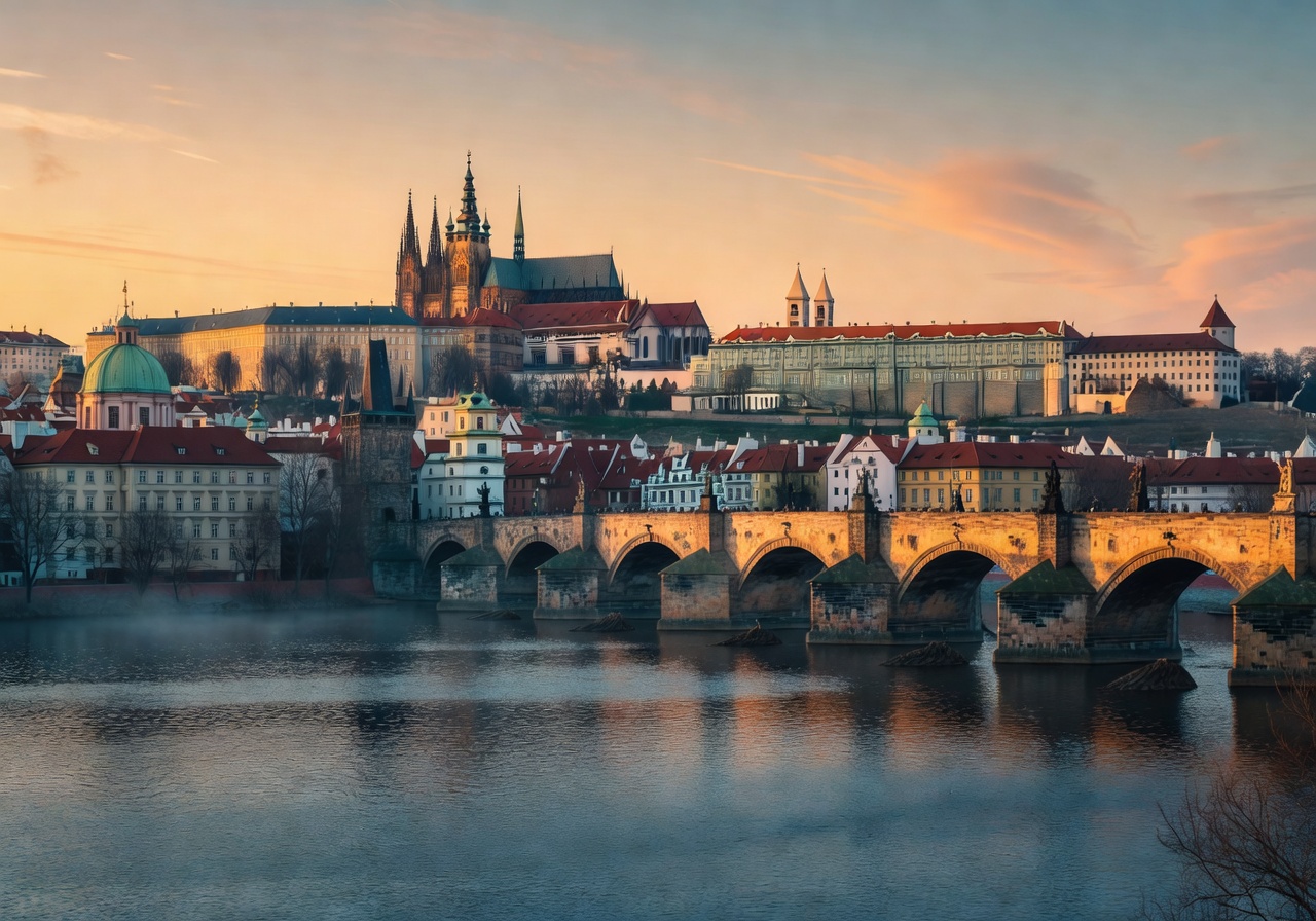 Panoramic view of Prague Castle and Charles Bridge over the Vltava River