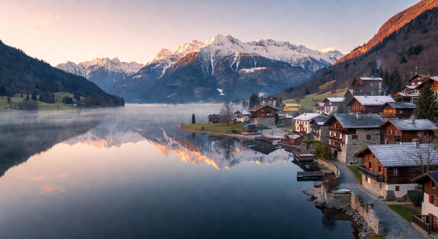 Scenic European lake landscape with mountains and small village at sunrise