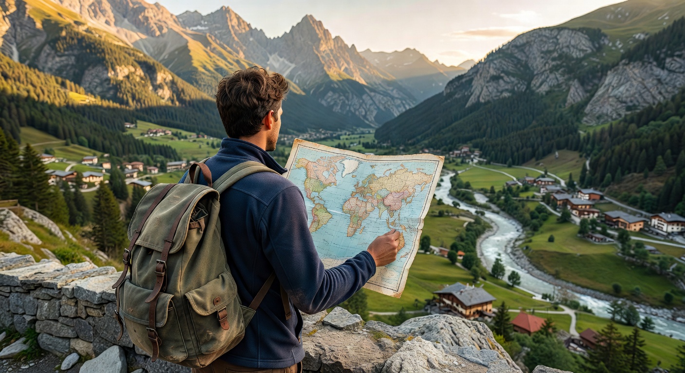 Traveler holding a world map with backpack at a scenic European viewpoint