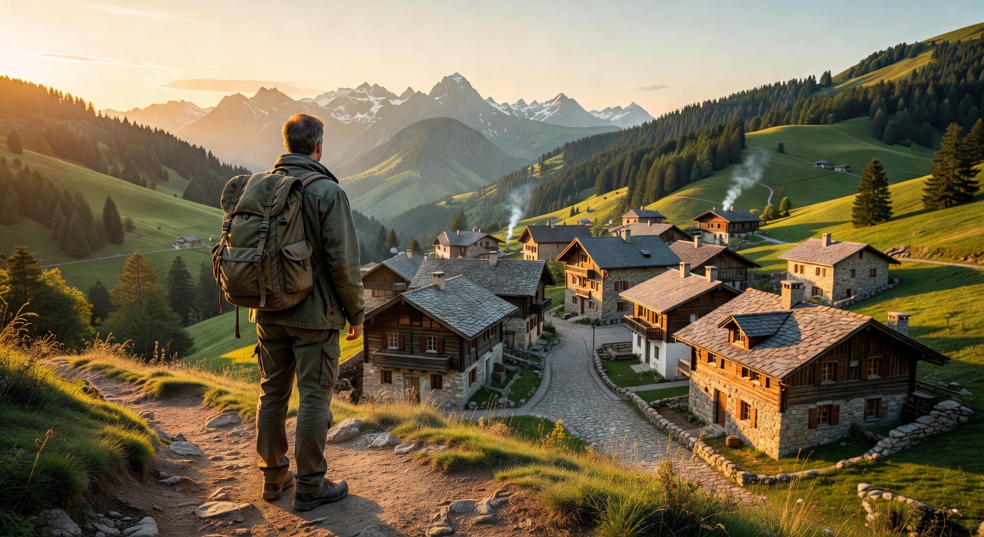 Traveler with backpack looking at a scenic European mountain village at golden hour